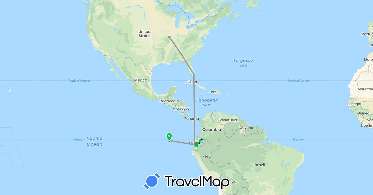 TravelMap itinerary: driving, bus, plane, boat in Ecuador, United States (North America, South America)